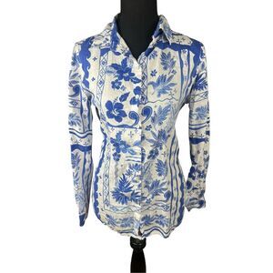 Joie Womens Small 100% Linen Shirt Top Blue White Tropical Floral button up